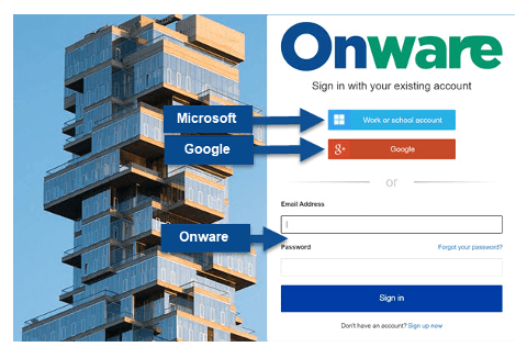 Login with Microsoft, Google or Onware account