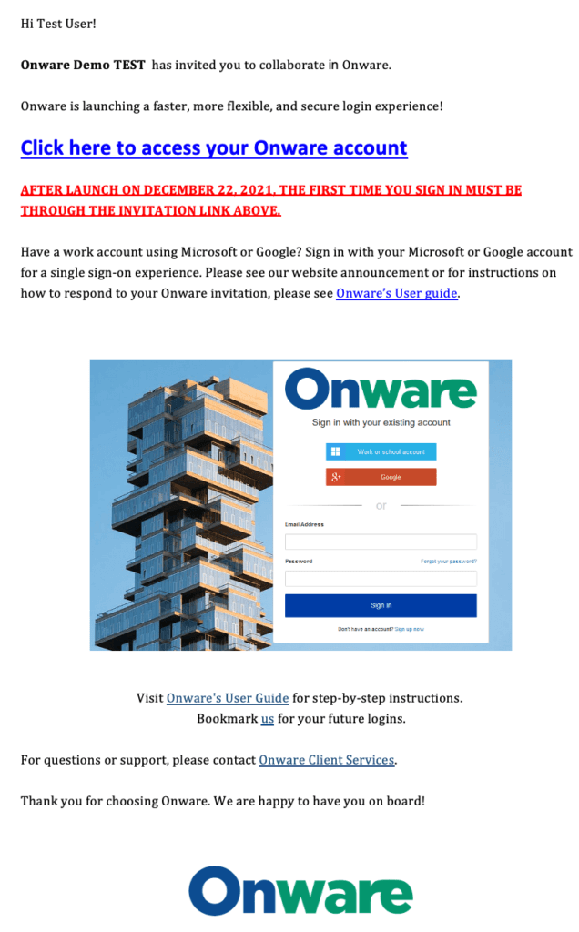 Onware invitation email